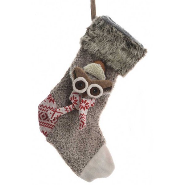 Χριστουγεννιάτικη Διακοσμητική Κάλτσα, Γκρι με Γουνάκι και Ανάγλυφη Κουκουβάγια (50cm)